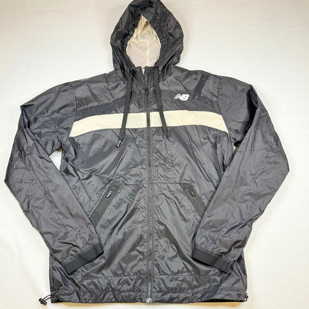New Balance Mens NB Dry Windbreaker Jacket Black White Stripe Hooded Small